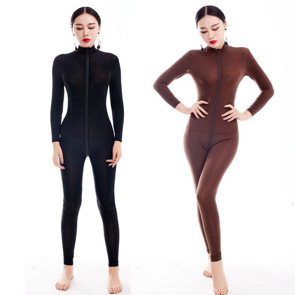 

size high elastic large ice silk bodysuit double zipper open file fun underwear no take off jumpsuit 7001, Black;white