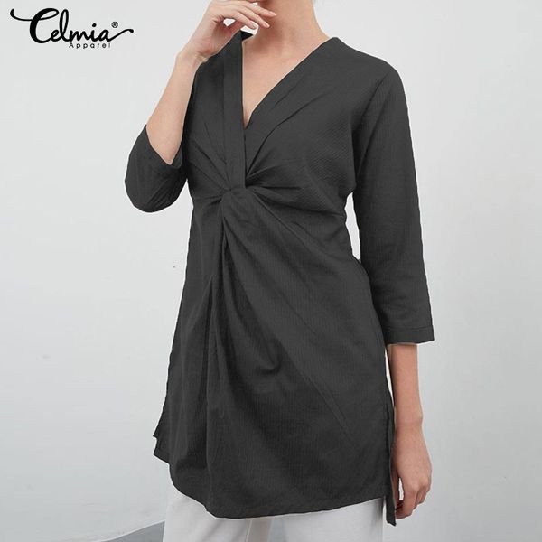 

blouses women 2021 fashion asymmetrical blouse celmia v-neck shirts casual loose pleated spring 3/4 sleeve blusas plus size 5xl, White