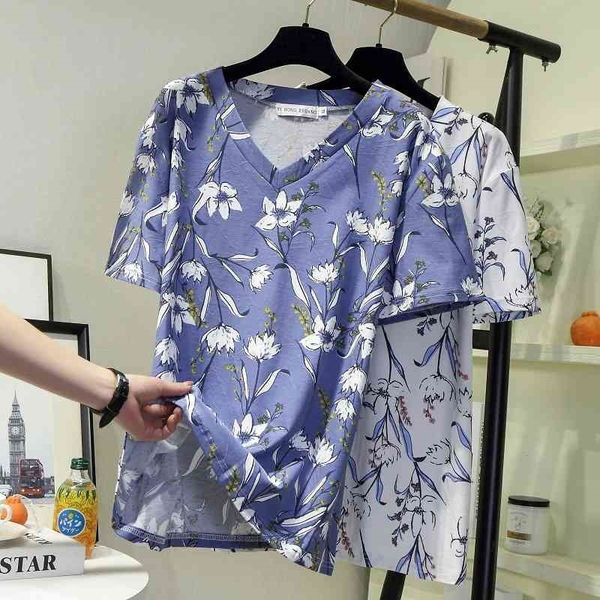 

plus-size v-neck floral printing short sleeve harajuku t-shirt summer fat mm loose casual show thin oversized shirt 210604, White