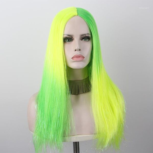 

anxin long hair wavy curly green yellow stitching fiber synthetic wig life outing wear women party cosplay wig1, Black