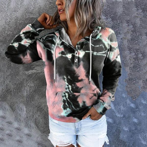 

women's hoodies & sweatshirts fashion autumn winter warm long sleeve tie-dye gradient print hoodie button drawstring pocket casual swea, Black