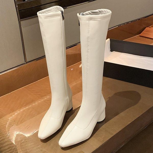 

boots white women knee high pu leather pointed toe ladies long short plush winter, Black