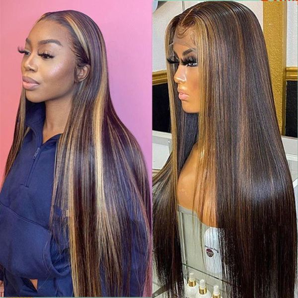 

4/27 highlight wig malaysia straight lace front human hair wigs honey blonde ombre remy tahikie, Black;brown