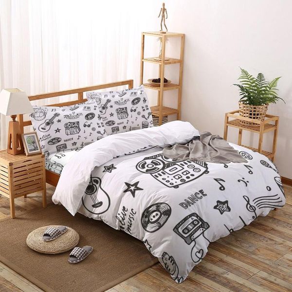 

bedding sets musical instrument black white printed set  king size soft fashion duvet cover bed sheet pillowcase
