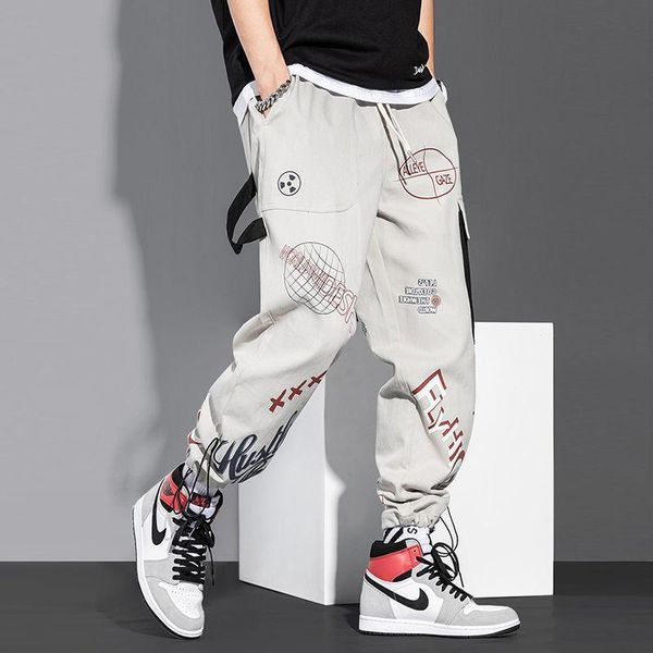 

men's pants streetwear men joggers sweatpants print black white cargo techwear harem ankle length trousers sport casual running