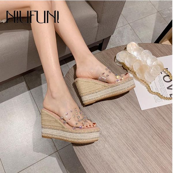 

slippers rhinestone high heels wedge transparent women's beach niufuni platform sandals rivets clear shoes for women slides, Black