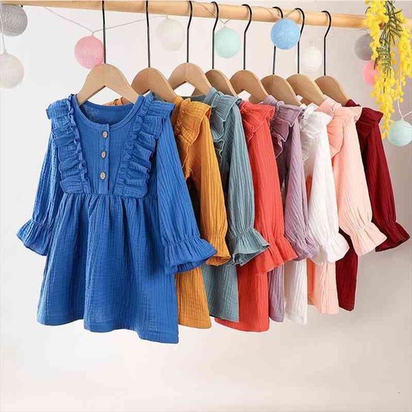 

toddler kids baby girl dress autumn ruffles long sleeve solid cotton linen party casual clothes, Red;yellow