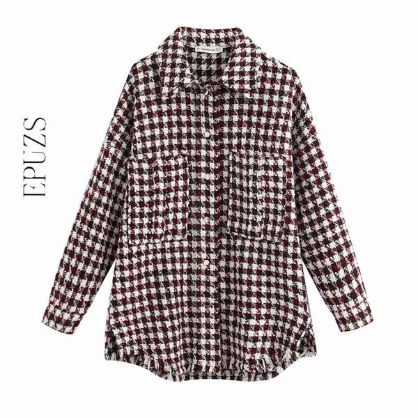 

fashion oversize plaid jacket women casual tweed coat vintage long sleeve office wear long 210521, Black;brown