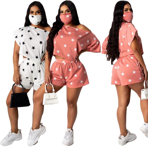 

summer fashion women star print two piece set trasuit tee shorts jogger suit sportyfitness night club 2pcs outfitby air, White