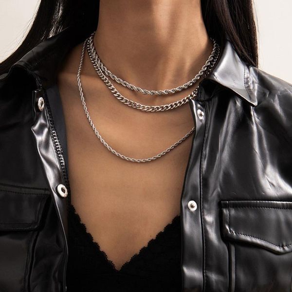 

vintage fashion gold silver color metal thick rope chain flat chains necklaces for women multilevel female collar jewelry pendant