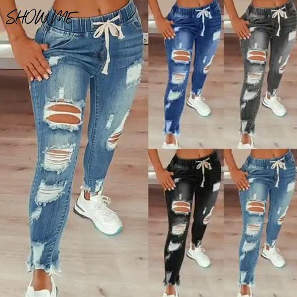 

women's jeans women 2021 drawstring high waist stretch ripped hole fashion denim full length pencil pants skinny jean trousers, Blue