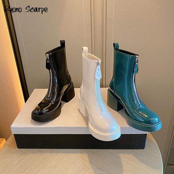 

boots patent leather platform front zipper high heels women ankle round toe solid color ladies fashion party shoes, Black