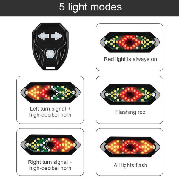

rechargeable led tail light with turn signals and horn, remote control waterproof bicycle safety warning brake rear lights bike