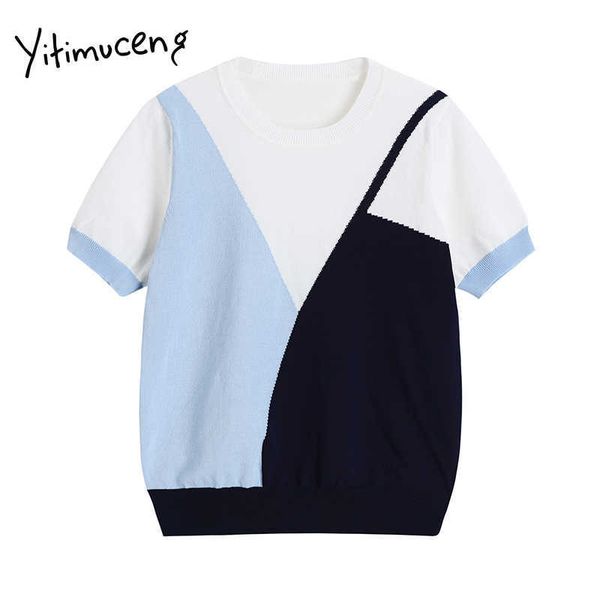 

yitimuceng fake 2 pieces t shirts women knitted short sleeve o-neck patchwork straight summer fashion tshirts 210601, White