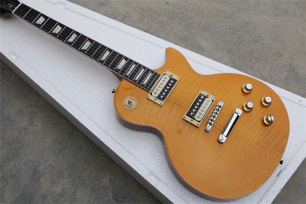 

factory custom slash electric guitar with flame maple veneer,chrome hardware,red back,fixed bridge,body binding,can be customized