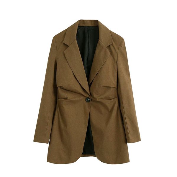 Frauen Mode Single Button Plissee Leinen Blazer Mantel Vintage Kerb Kragen Langarm Weibliche Oberbekleidung Chic Top 210521