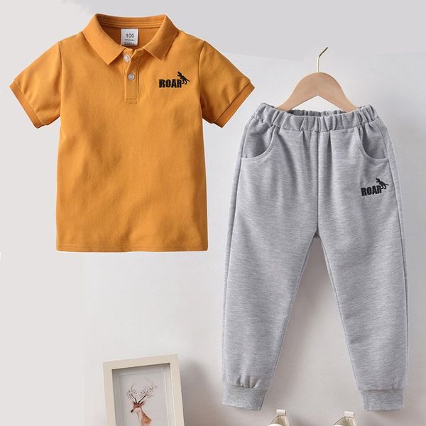 

kids clothes 2021 spring and summer new boys yellow lapel letter polo shirt grey trousers casual suit childrens outfits, White;black