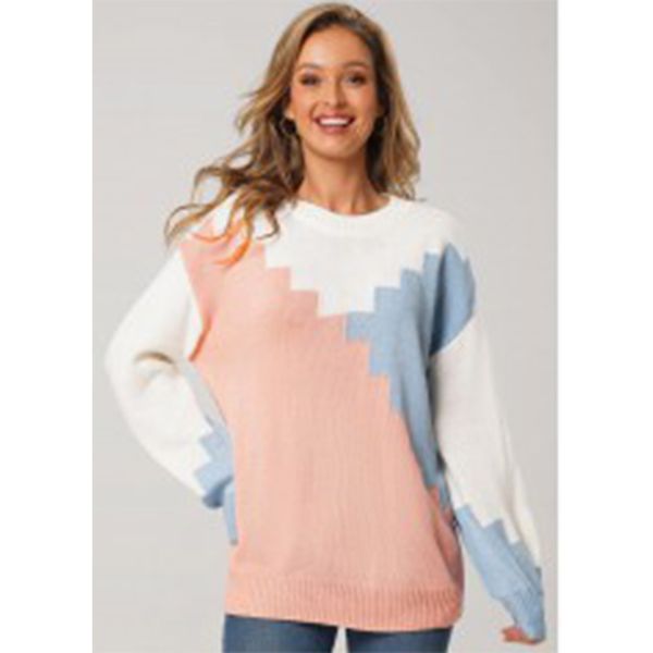 

temperament commuter crew neck sweater personality fashion pullover large size female contrast color long sleeve, White;black
