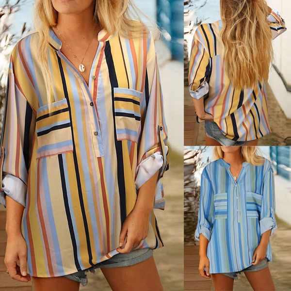 

women's blouses & shirts 2021 blouse fashion v collar casual stripe printing button ladies office bottoming shirt ropa mujer, White