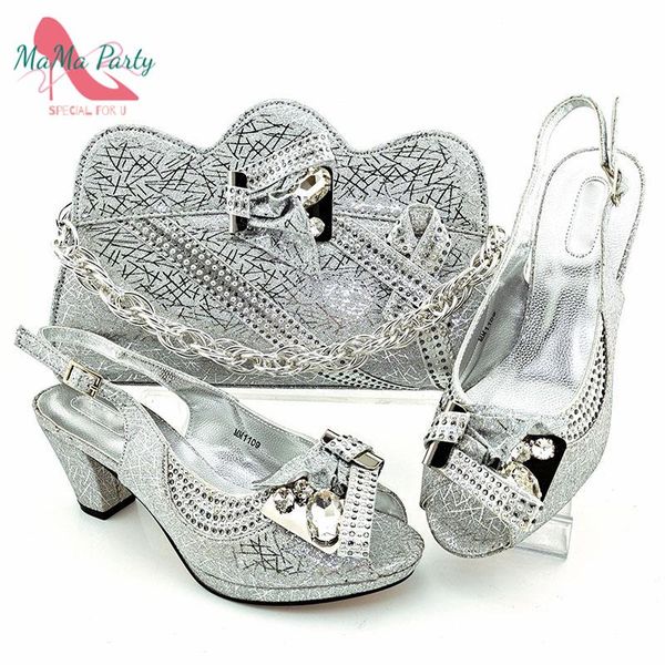 

dress shoes 2021 special design nigerian women and bag to match in silver color decorate with rhinestone for wedding, Black