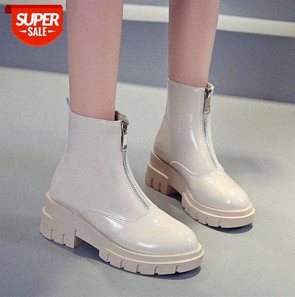 

white martin boots female british style single round toe high-heeled thick-heeled sponge cake in the tube front zipper patent leather #ie56