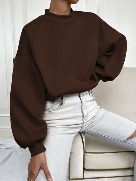 

solid stand collar drop shoulder sweatshirt l7ck#, White;black