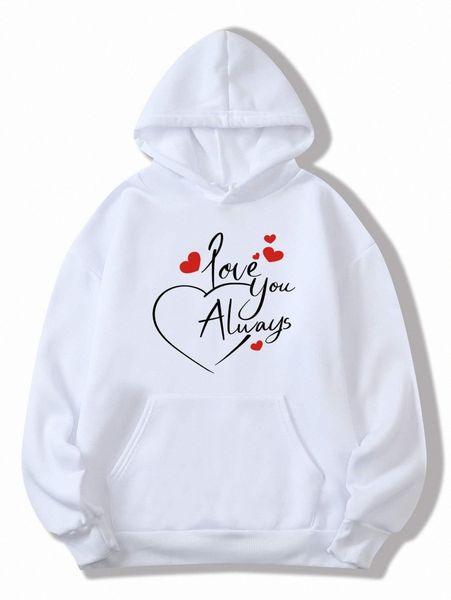 

heart & slogan graphic drawstring thermal lined hoodie n0pk#, White;black