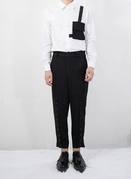 

homemade men's casual harems pants with original slim nine-point button stitching., Black