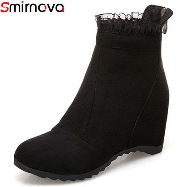 

boots smirnova arrival 2021 fashion casual shoes women's winter round toe high increasing heels ruffles ankle11, Black