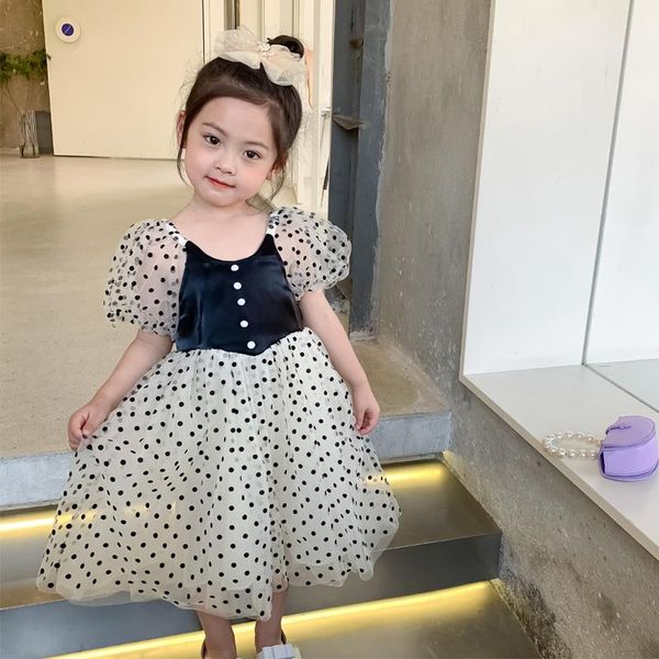 

girls fashion puffy dresses kids clothes summer toddler short sleeve polka dot slim casual cute gauze princess party dress girl's, Red;yellow