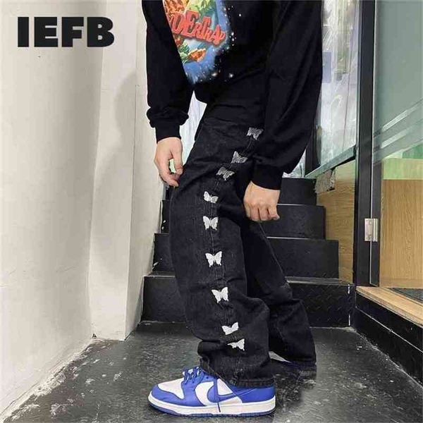 

iefb men's black jeans harajuku butterfly embroidery hip hop high street loose straight leg daddy pants man trousers 9y5330 210716, Blue