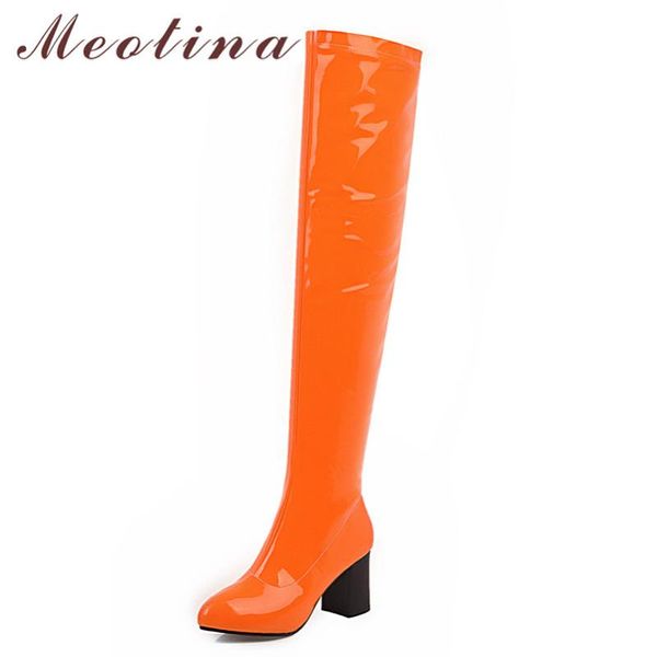 

boots meotina over the knee women shoes zipper high heel long pointed toe thick heels thigh lady winter orange 46, Black