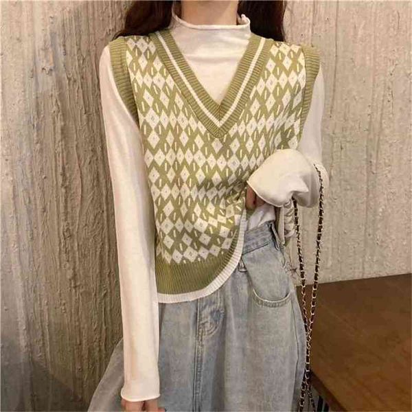 

spring and autumn college sweater korean style loose v-neck knit sleeveless vest 210427, White;black