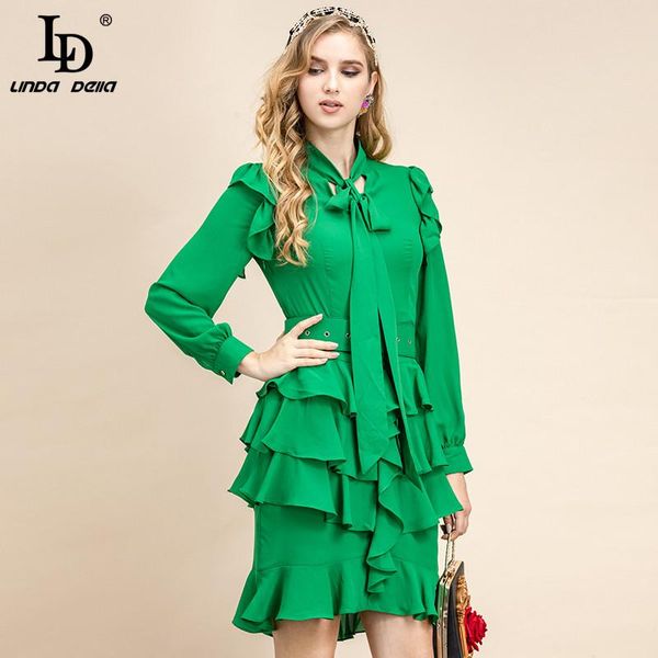 

casual dresses ld linda della autumn fashion runway mini dress women solid green elegant cascading ruffle long sleeve high waist mermaid, Black;gray