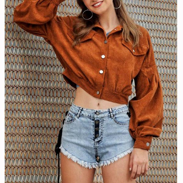 

women's jackets fashion women lantern long sleeves loose casual short corduroy lapel jacket spring fall winter elegant solid color, Black;brown