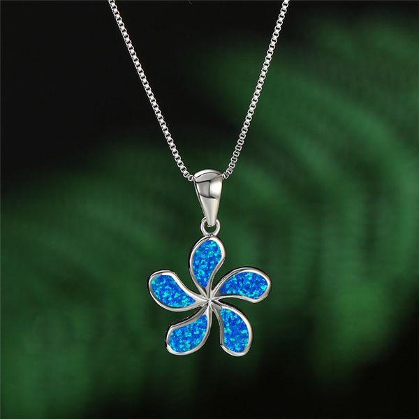 

dainty female blue opal pendant necklace classic silver color chain necklaces for women luxury bridal flower wedding