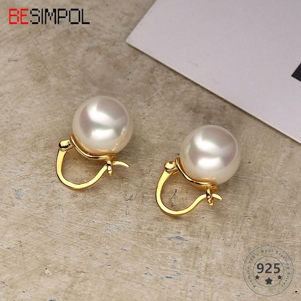 

stud besimpol real 925 sterling silver earrings elegant vintage shell pearl wedding for women fine jewelry party gifts, Golden;silver