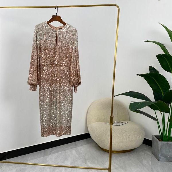

casual dresses 2021 summer women vintage fashion sequins decoration gradient color long sleeve slim mid-calf high quality, Black;gray