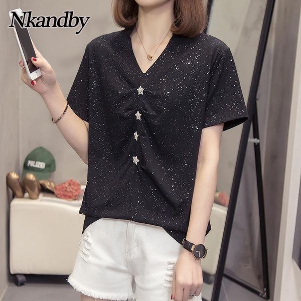 

women's t-shirt plus size women tshirts 2021 summer fashion v-neck short sleeve bright korean style loose female oversize clothes, White