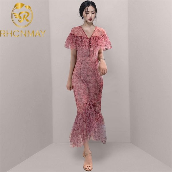 

french style street wear print floral dress women short sleeve ruffle mermaid ladies summer clothes for 210506, Black;gray