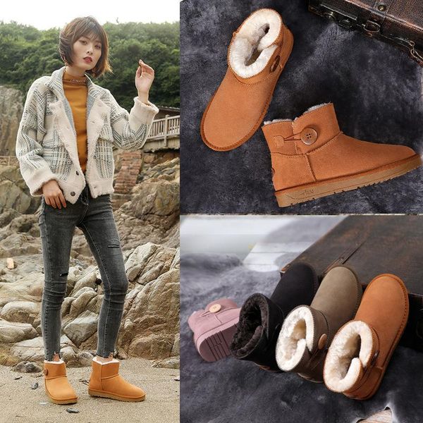 

boots genuine leather snow women's winter anti slip warm button short cotton shoes water proof, Black