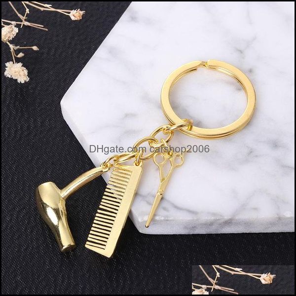 

rings jewelrypersonality couple chain dryer combs scissors pendant keychains tools hair stylist scissor blow key ring jewelry christmas drop, Slivery;golden