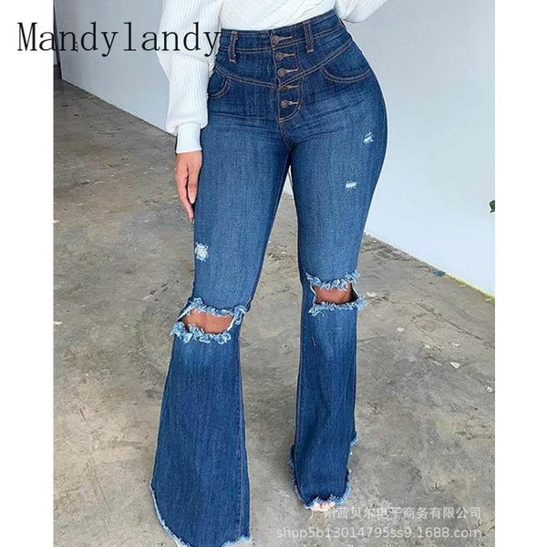 

women's pants & capris mandylandy vintage hole ripped denim flare ladies fashion single breasted button high waist jeans long trousers, Black;white