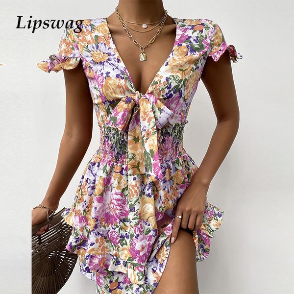 

women deep v tie-up mini dress elegant ruffle butterfly sleeve party dress summer floral print hollow out beach dress 2021high quality, Black;gray