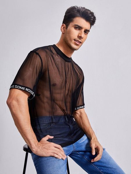 

men slogan tape mesh tee 97mn#, White;black