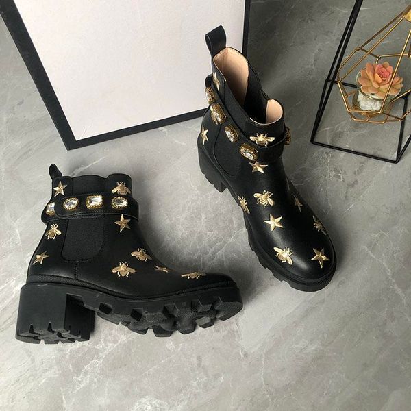 

2022 martin short boots 100 cowhide belt buckle metal women shoes classic bee thick heels leather designer high heeled fashion di, Black