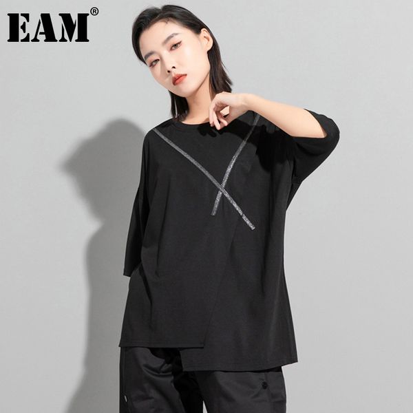 

[eam] women black big size irregular spliced cross t-shirt round neck half sleeve fashion spring summer 1dd8523 210512, White