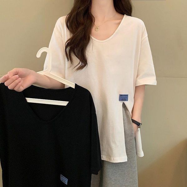 

women's t-shirt pure cotton large summer fat mm short sleeve side split simple loose slim tshirt women crop, White