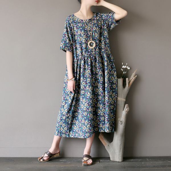 

dress dressed with a waist retro cotton small broken flower hemp, Black;gray