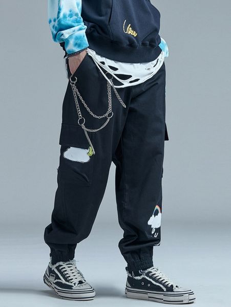 

men cloud and letter graphic cargo pants without chain 11pq#, Black